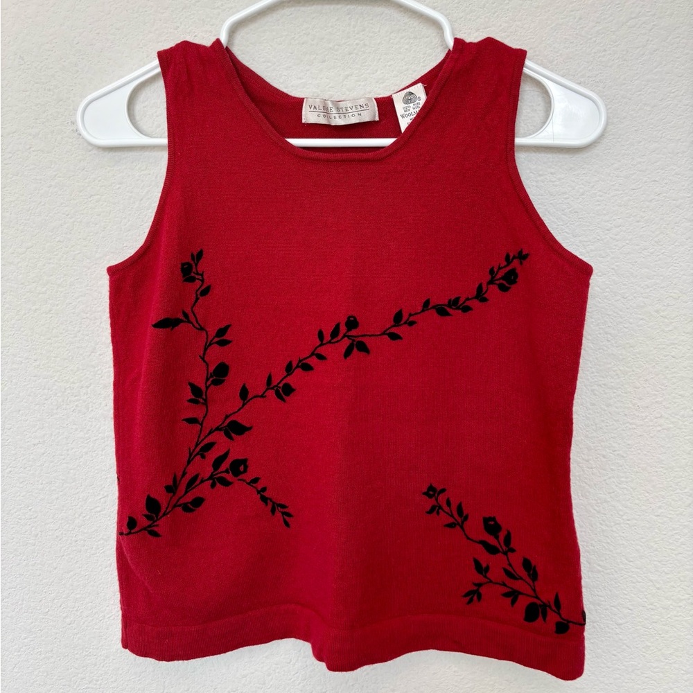 Vintage Valerie Stevens Red Floral Sleeveless Wool Sweater Large Y2K Minimalist